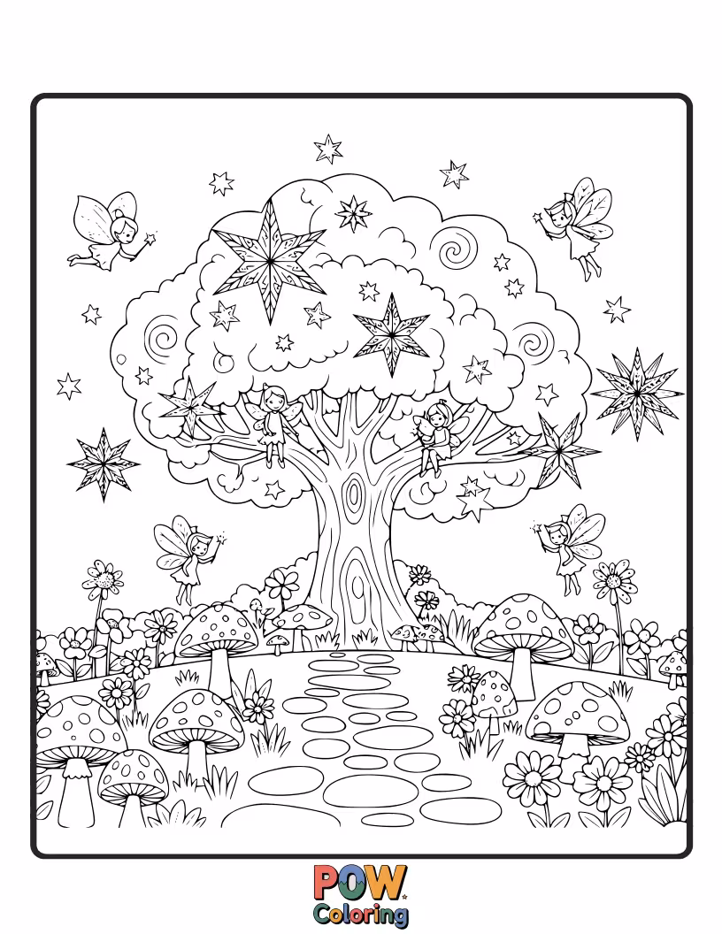 Free coloring page of Tiny, whimsical fairies tending to a garden filled with glowing, magical stars.