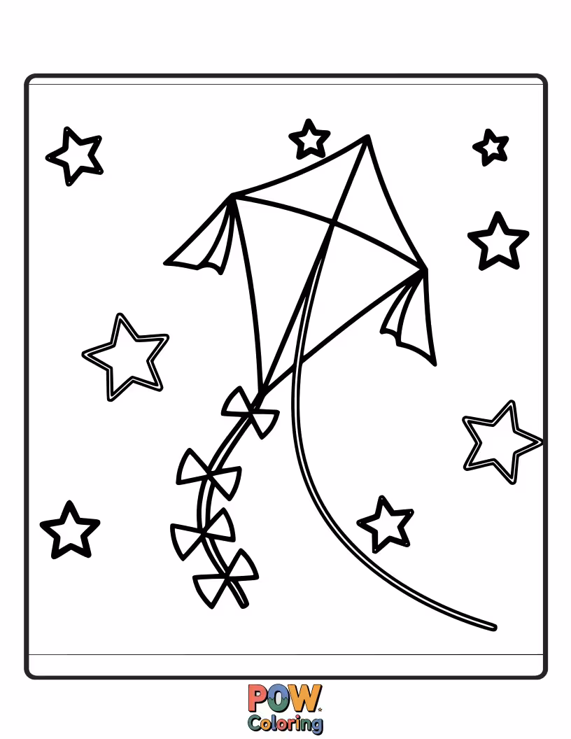 Free coloring page of Children happily flying kites shaped like stars, with smiling stars watching from above.