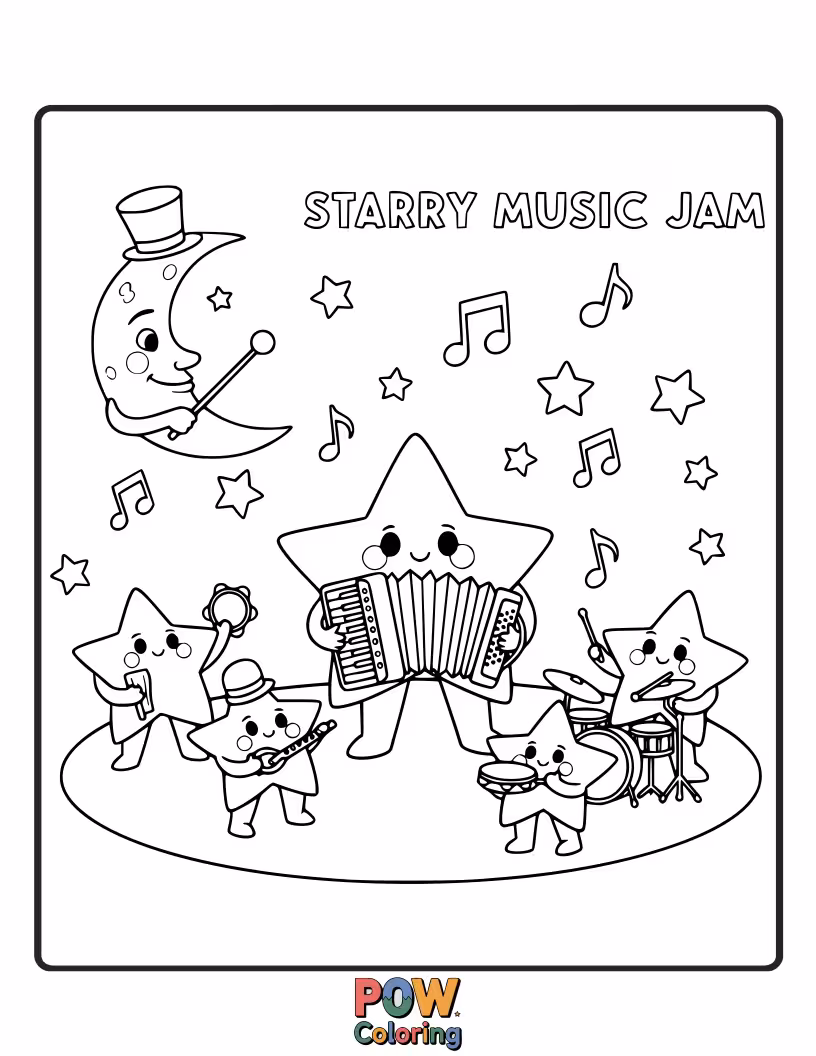 Free coloring page of Musical notes and instruments scattered around happy stars playing celestial tunes in space.