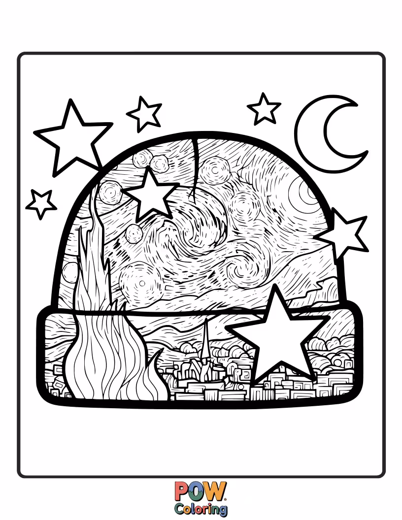 Free coloring page of Cozy knit beanie featuring embroidered constellations and a smiling moon. Dreamy and perfect for aspiring astronomers.