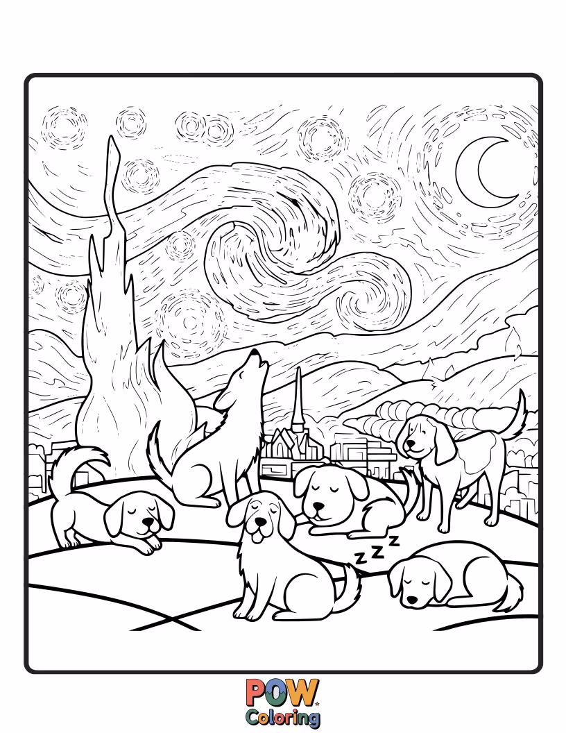 Free coloring page of Beautiful dogs silhouetted against a breathtaking starry night sky, with swirling constellations and a luminous moon to bring to life.