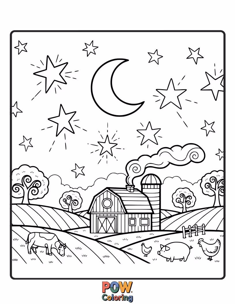Free coloring page of A charming farm nestled under a starry sky, with glowing lanterns and sleepy animals.