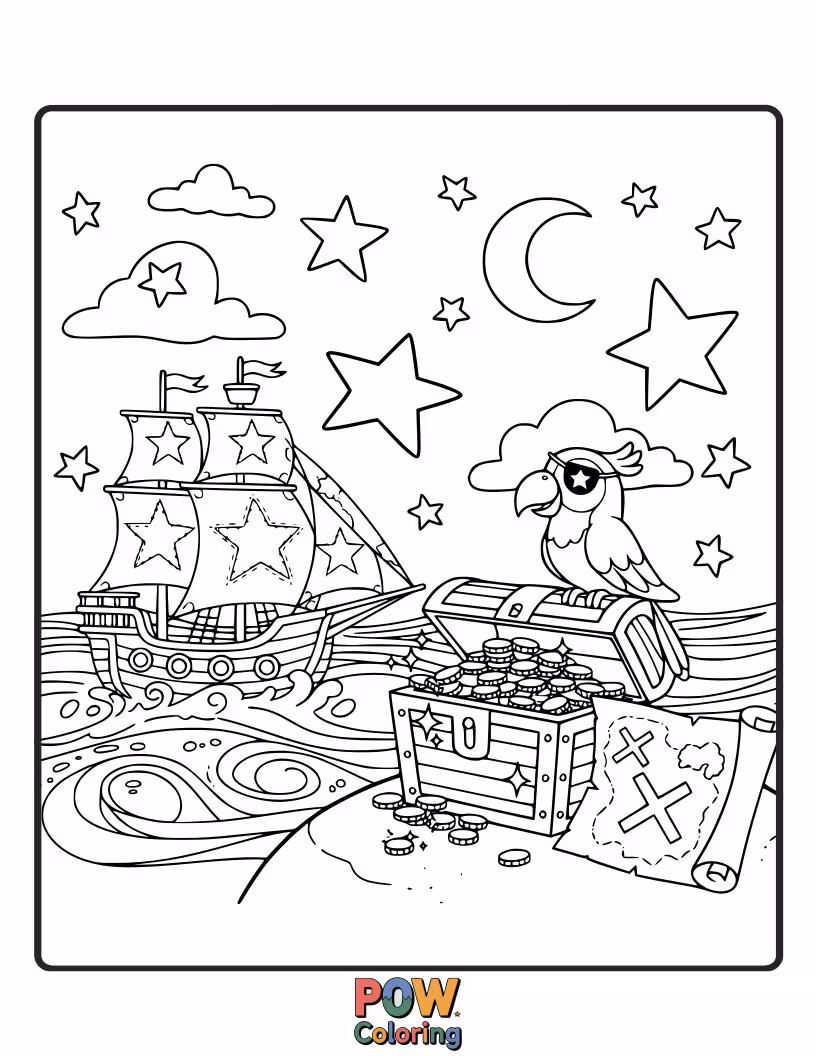 Free coloring page of A pirate chest overflowing with star-shaped gold coins and shimmering gems, guarded by friendly stars.