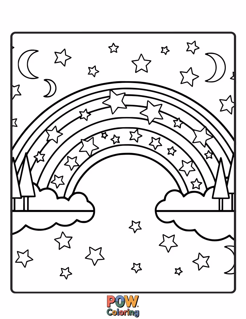 Free coloring page of A vibrant rainbow arching across the sky, with happy stars peeking out from behind it.
