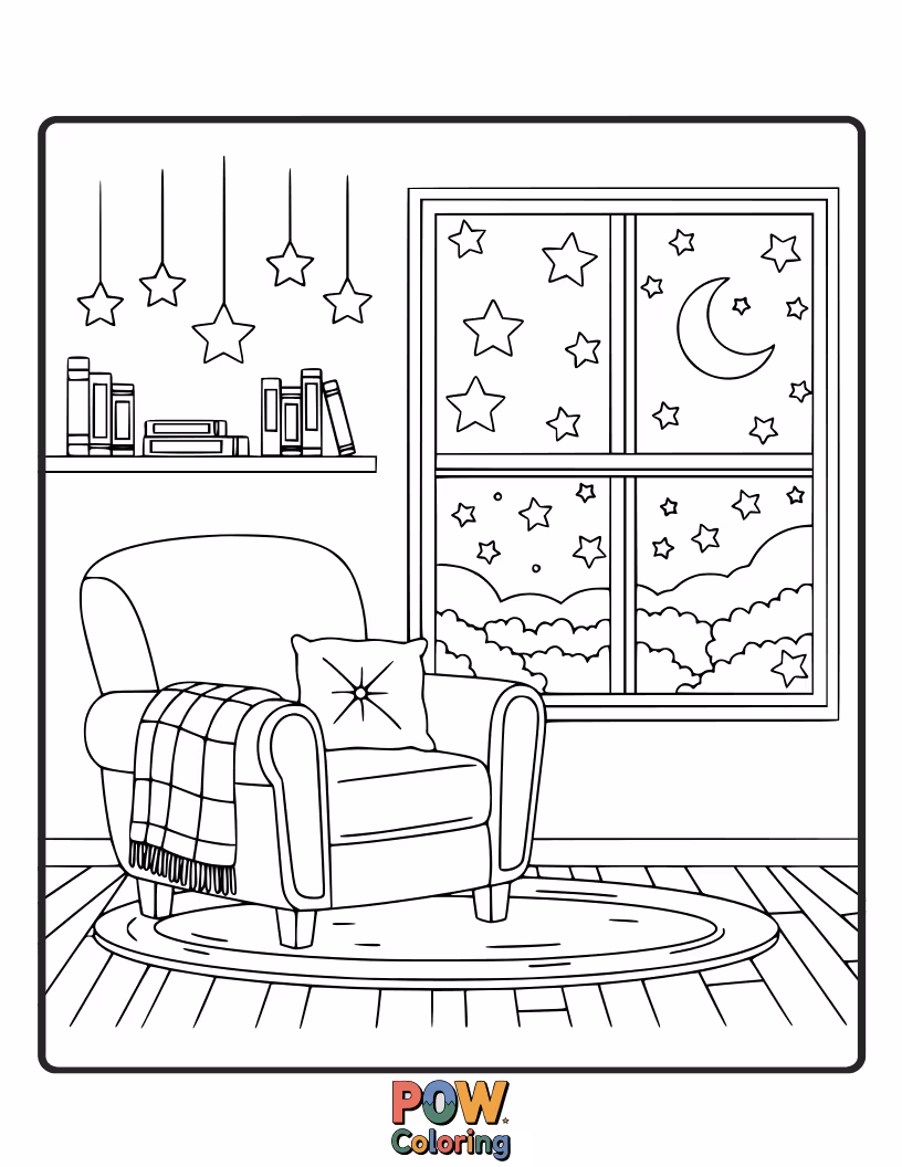 Free coloring page of A cozy corner with books, a comfy cushion, and a friendly star reading a story.
