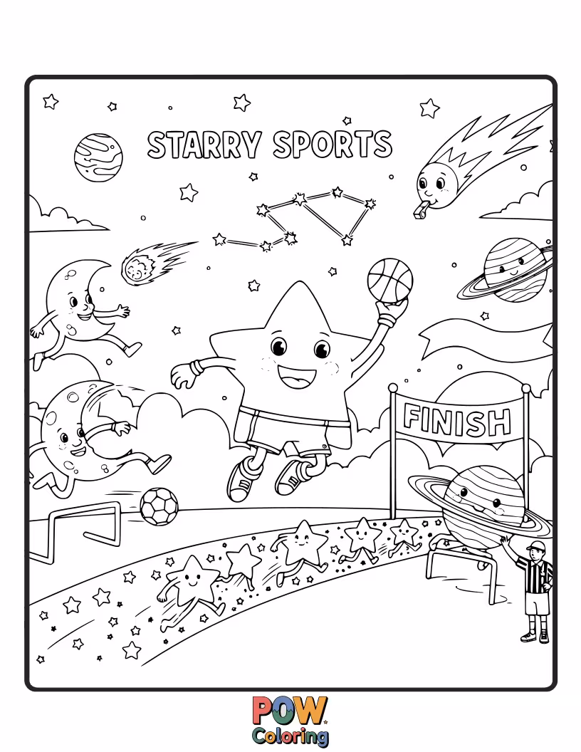 Free coloring page of Energetic stars participating in fun sports activities like star-shaped basketball and star soccer.