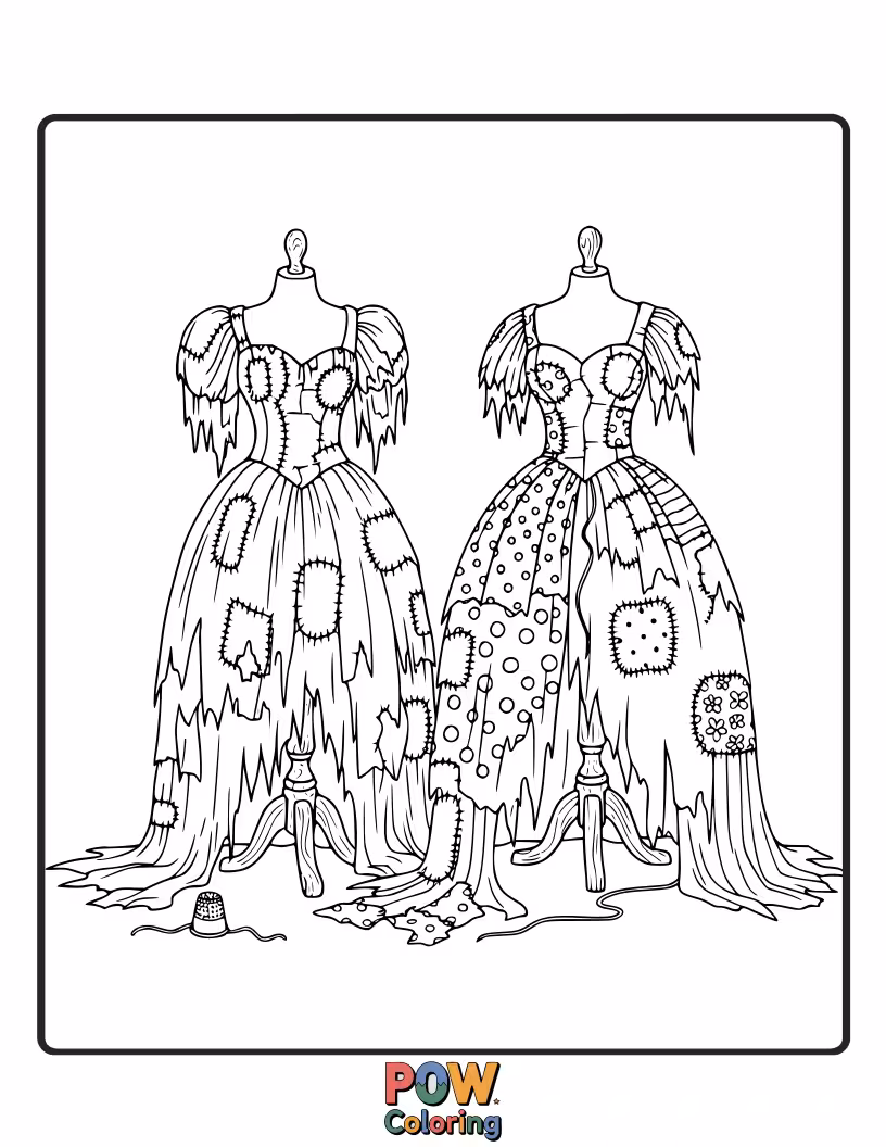 Free coloring page of The stepsisters proudly displaying their comically ill-fitting and torn homemade dresses.