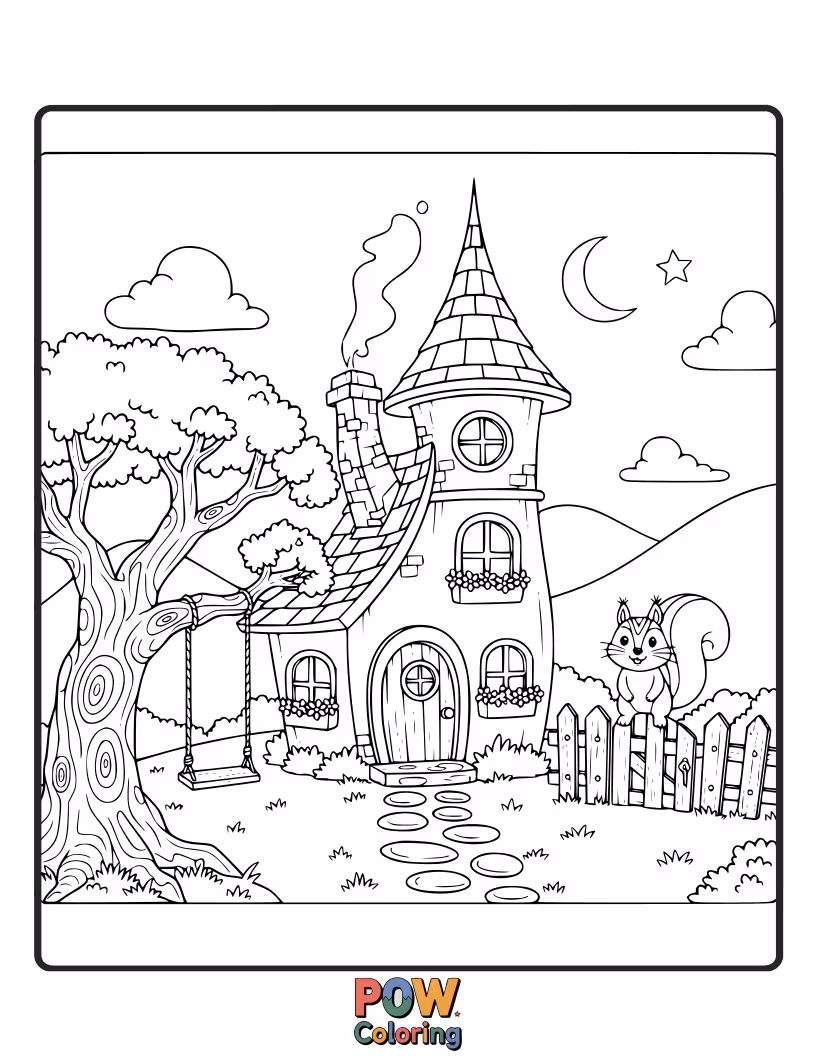 Free coloring page of A quaint cottage with a crooked chimney, puffing smoke, and colorful flowers blooming in the garden. Like a fairytale!