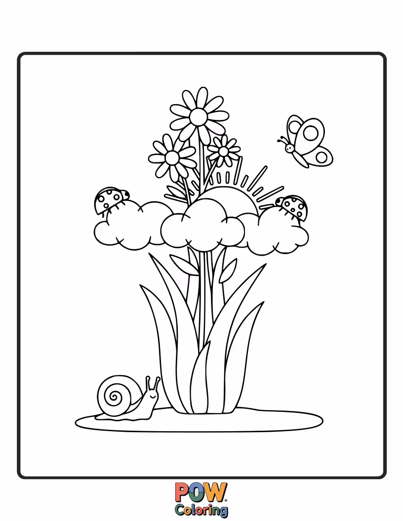 Free coloring page of A cheerful cross surrounded by happy flowers and gentle sunshine, a delightful scene of pure joy.