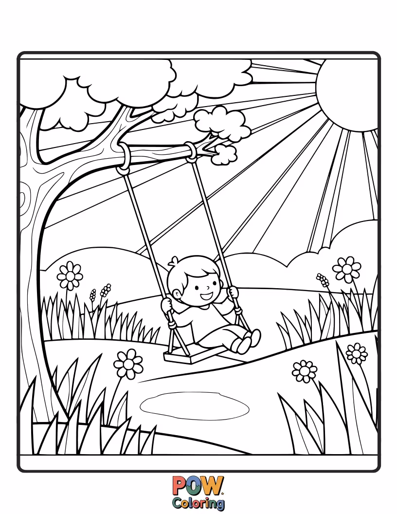 Free coloring page of A contented cow rests on a daisy-chain swing, swaying gently in a field of vibrant wildflowers and buzzing bees.