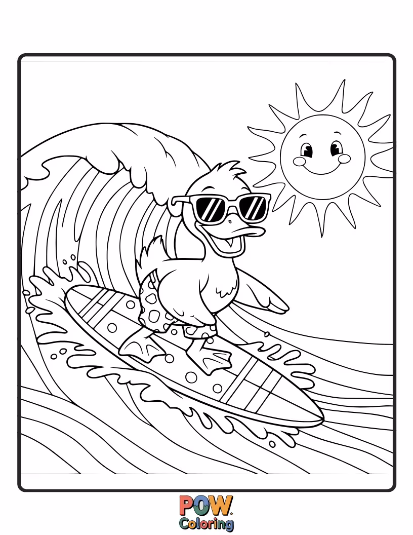 Free coloring page of Ride the waves with this cool duck catching a thrilling surf on a sunny beach.