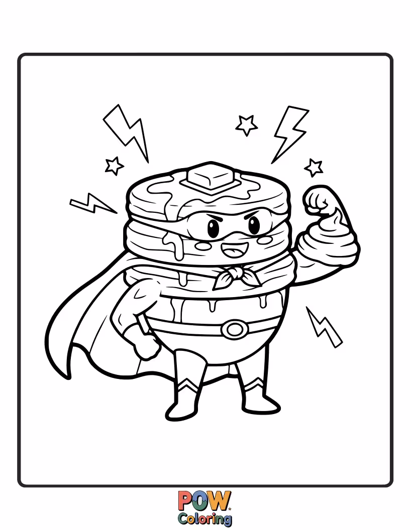Free coloring page of A mighty stack of pancakes wearing capes, ready to save the day with their delicious superpowers.