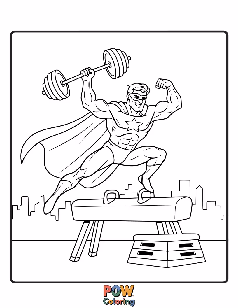 Free coloring page of Superheroes using their powers to perform incredible gymnastics feats, like flying through routines and super-powered leaps.