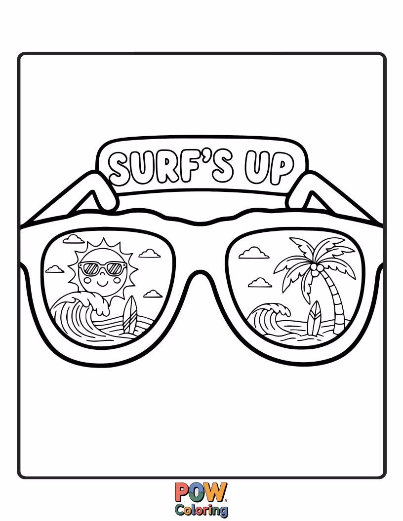 Free coloring page of Awesome sunglasses with wave and surfboard motifs, capturing the ultimate beach vibe.