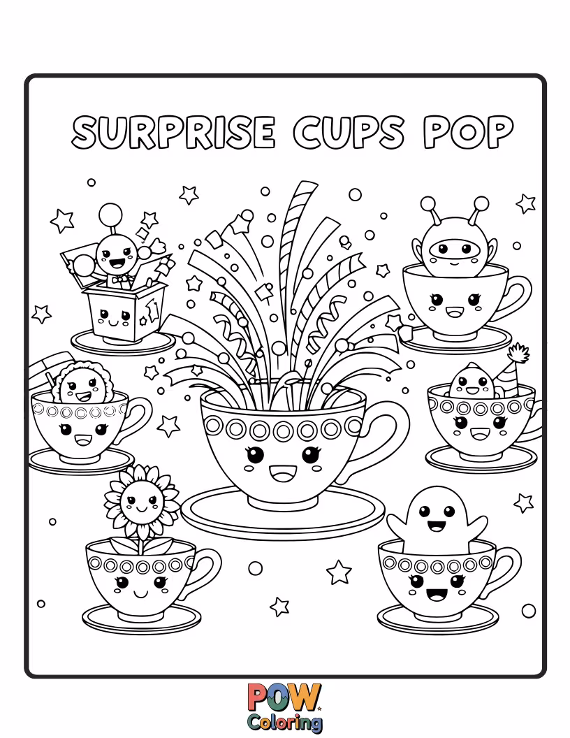 Free coloring page of Cups joyfully popping open with confetti and delightful surprises, promising an exciting coloring reveal.