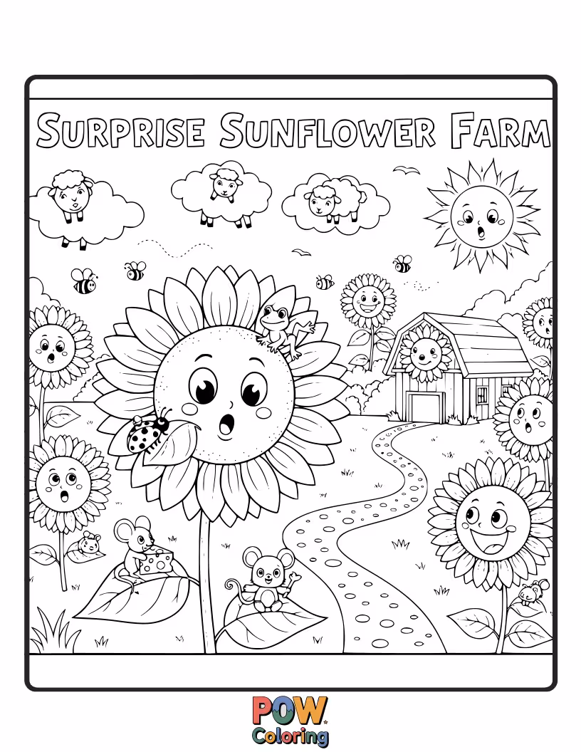 Free coloring page of A giant, smiling sunflower surprising all the farm animals with its cheerful bloom.