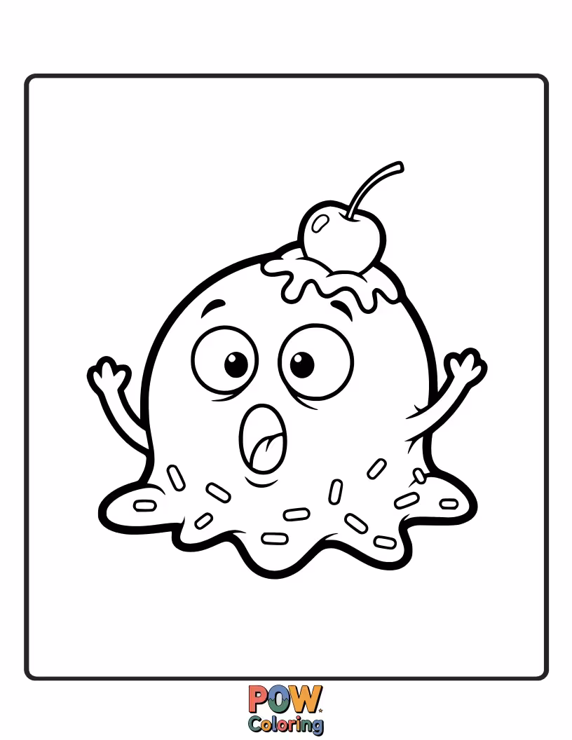 Free coloring page of A melting ice cream blob with wide, shocked eyes, surprised by a sprinkle tornado or a cherry bomb.
