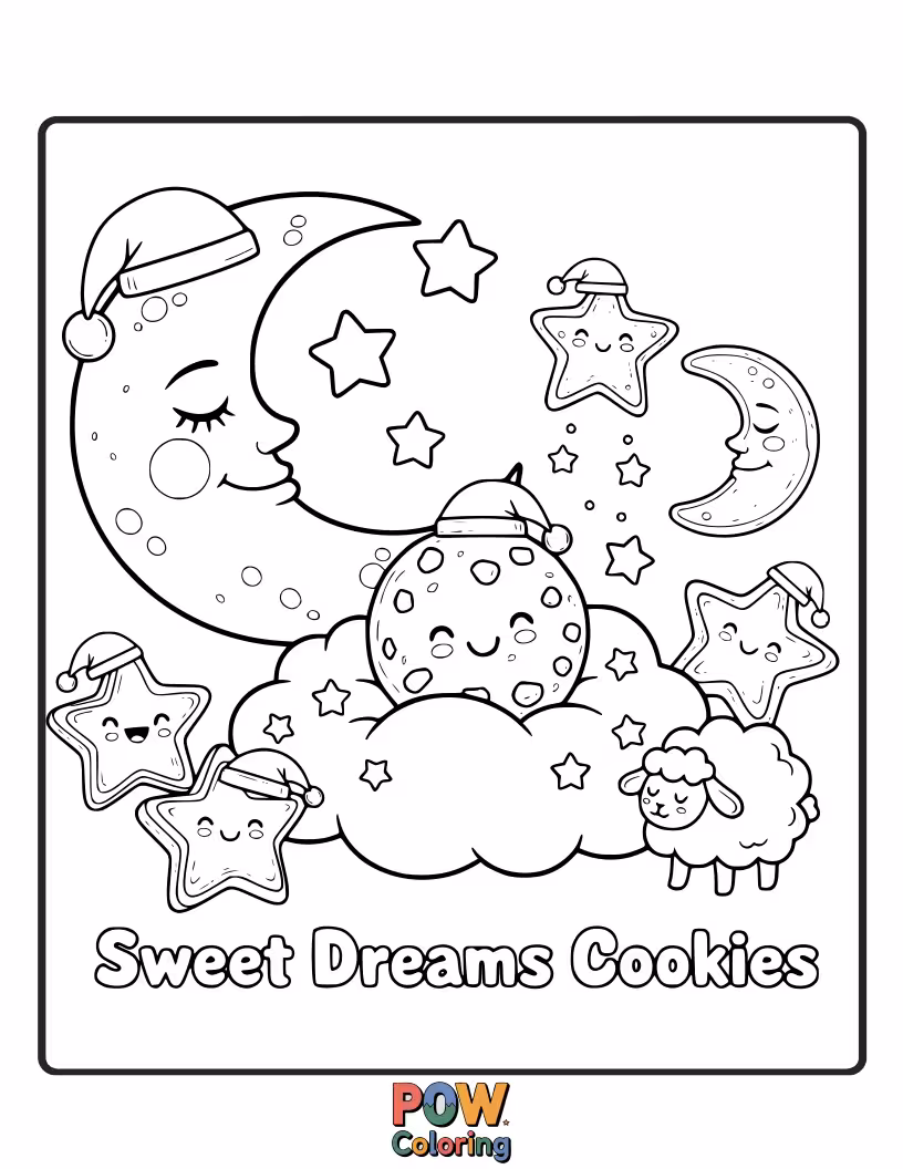 Free coloring page of Peaceful cookies decorated with stars, moons, and sleepy faces. Create a calming, colorful bedtime scene.