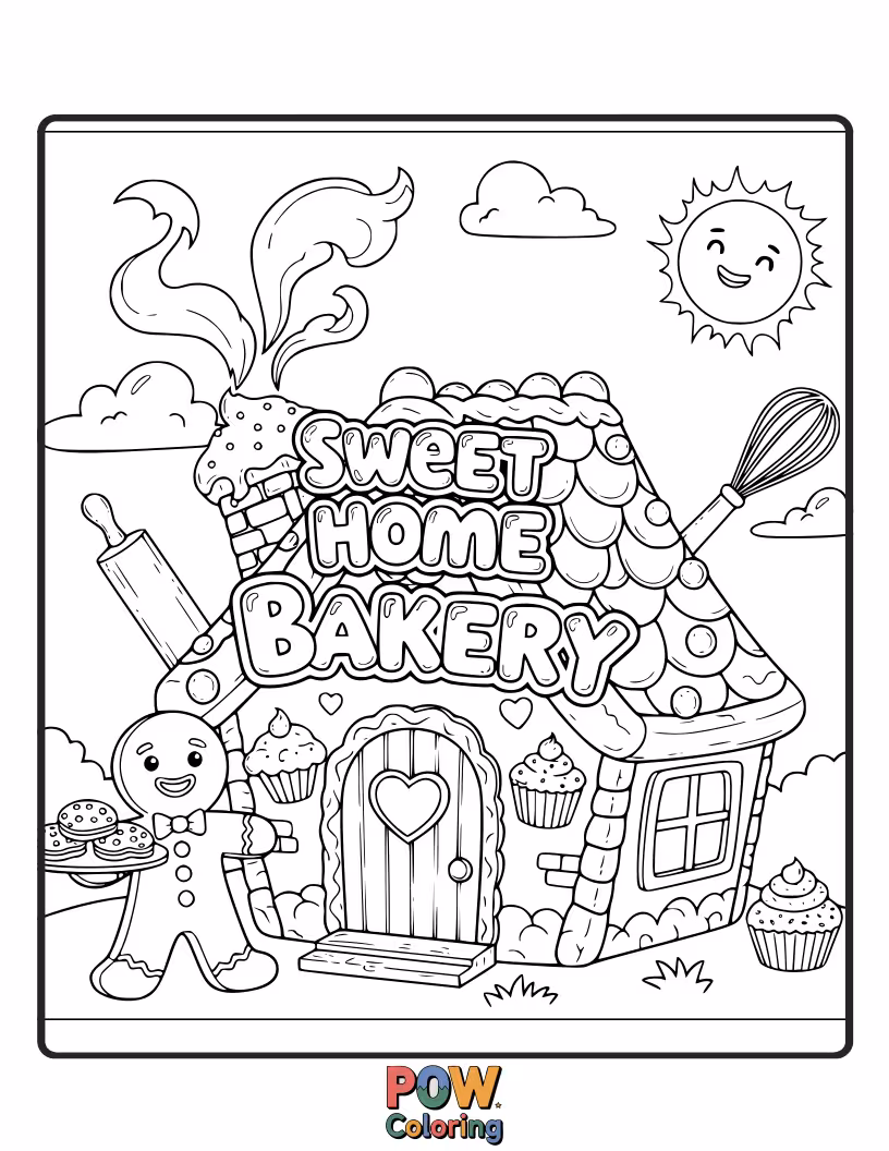 Free coloring page of A delightful bakery with tempting cupcakes and cookies visible through the window, and a chef's hat on the door. Yum!