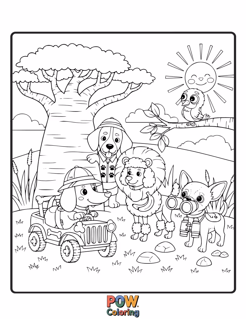 Free coloring page of Cute dogs on a mini safari adventure, encountering friendly, stylized jungle animals and exploring lush, vibrant landscapes.