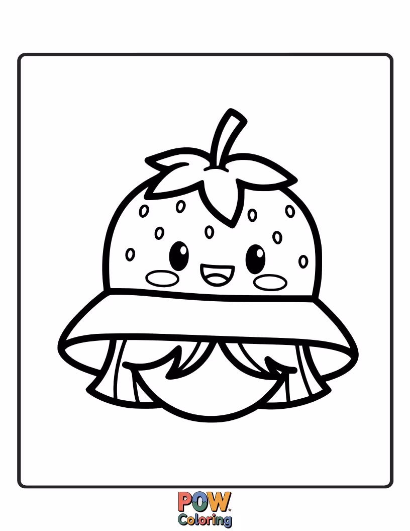 Free coloring page of A delightful hat shaped like a juicy strawberry, with tiny seeds and a leafy green top. Berry delicious!