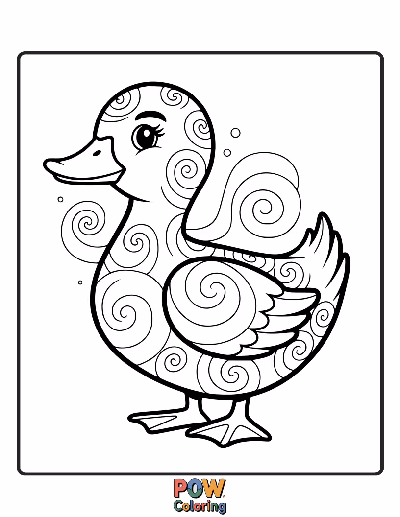 Free coloring page of This unique duck is patterned with beautiful, swirling designs, perfect for rainbow colors.