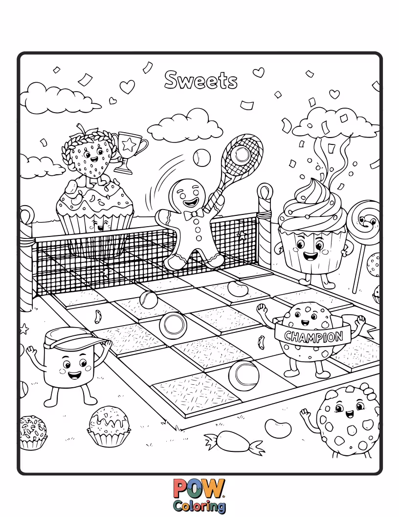Free coloring page of A collection of cute candies and desserts playing tennis, with a giant lollipop as a net.