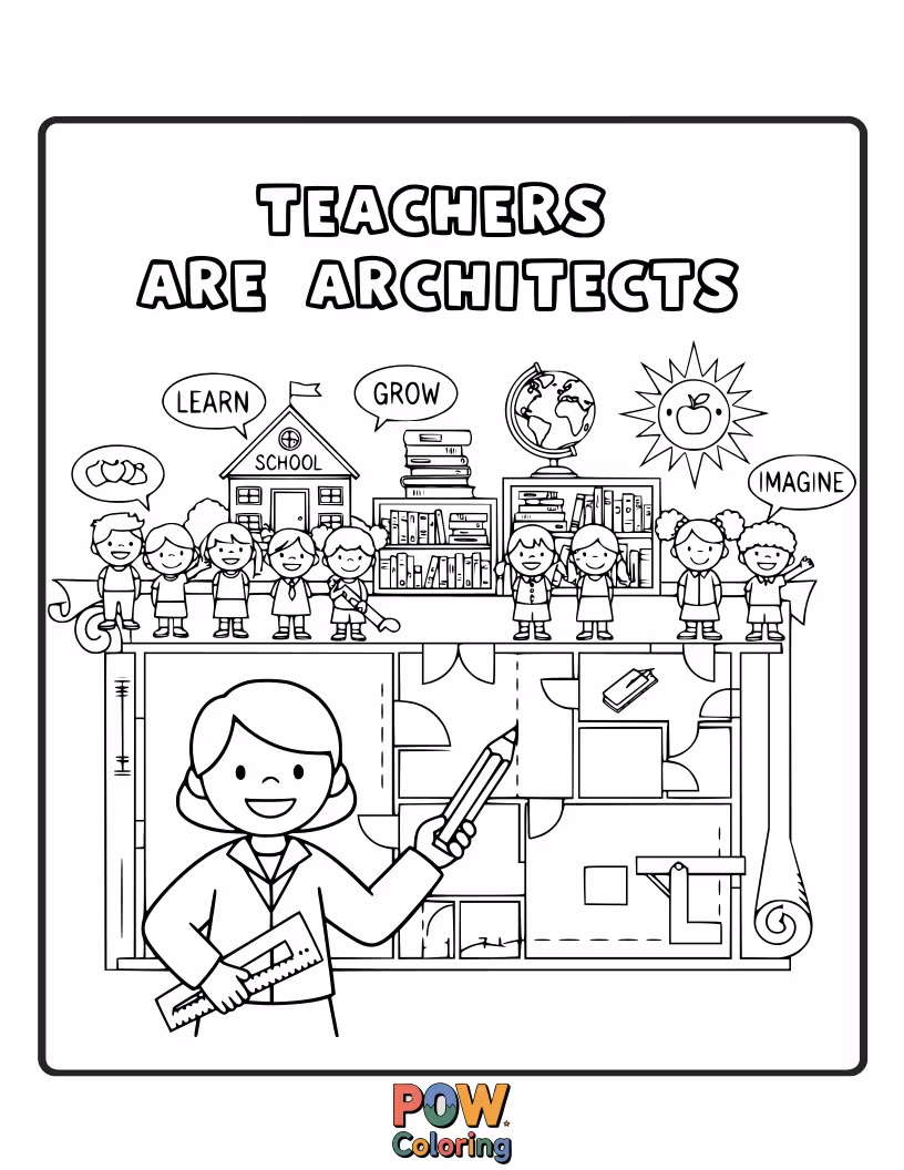 Free coloring page of A teacher designing a blueprint for a school made of books and learning tools. Building the foundation for future success.