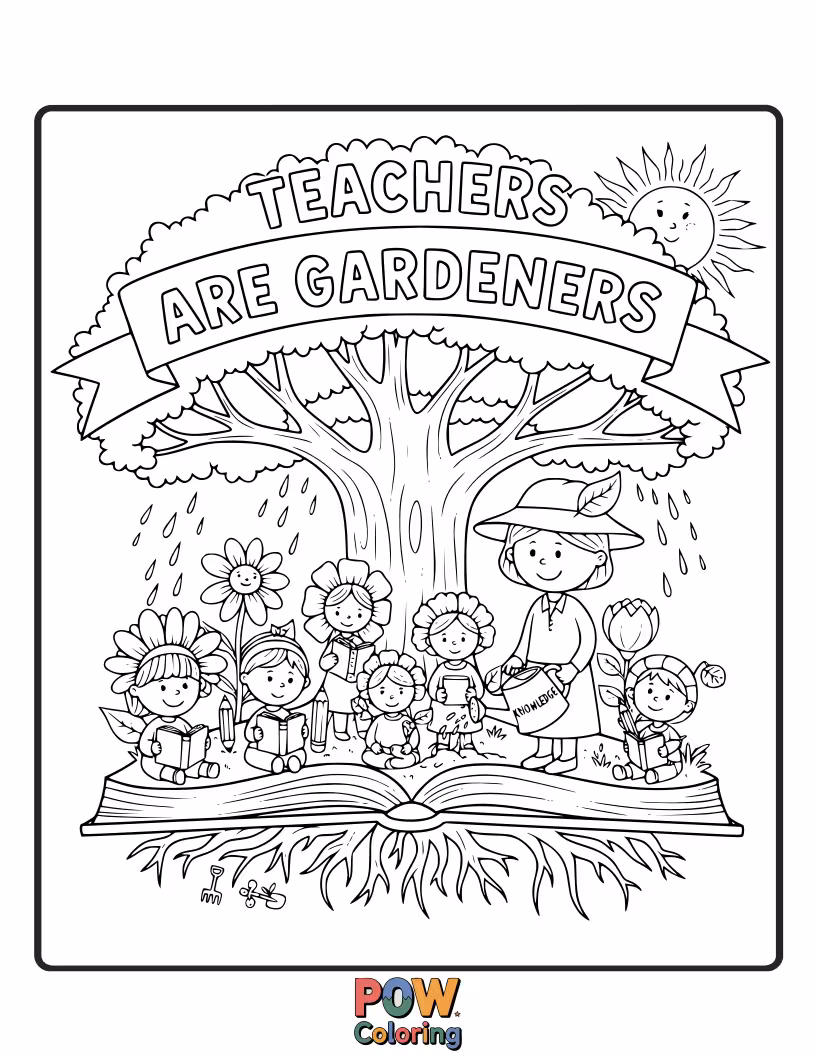 Free coloring page of A teacher tending to a vibrant garden where each plant is a different subject. Blooming with knowledge and potential.
