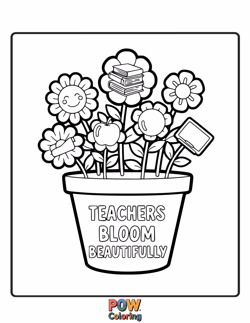 Free coloring page of A teacher watering a garden of books and pencils that are sprouting flowers. Symbolizes growth and creativity in the classroom.