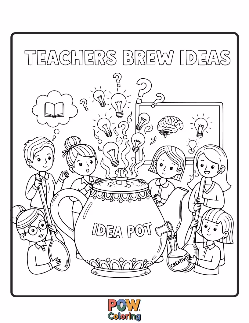 Free coloring page of A bubbling cauldron with colorful swirls of thoughts and inspiration. A magical place where new concepts come to life.