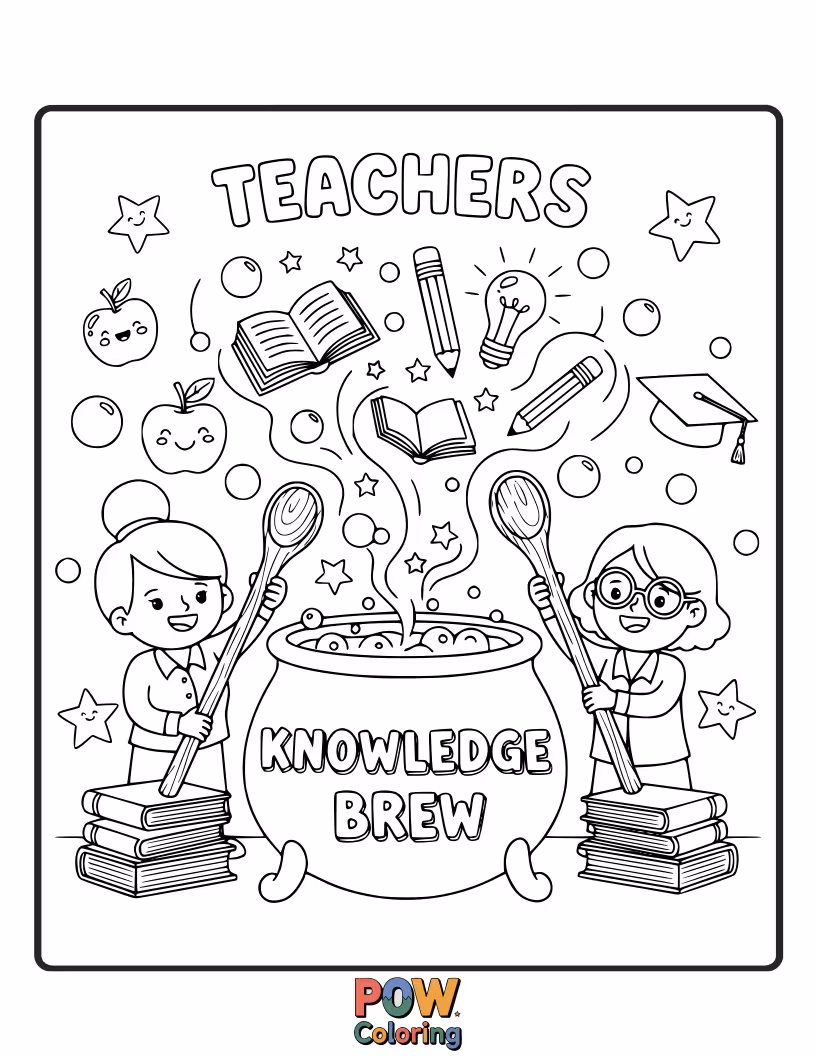 Free coloring page of A steaming teacup filled with swirling galaxies and tiny books, held by a teacher. Represents the comforting and expansive nature of learning.
