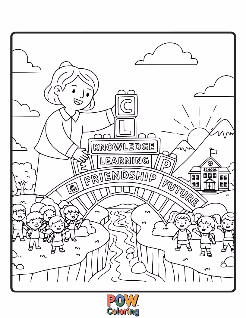 Free coloring page of Interlocking puzzle pieces forming a bridge between a child's hand and a book. Represents connection and overcoming challenges.