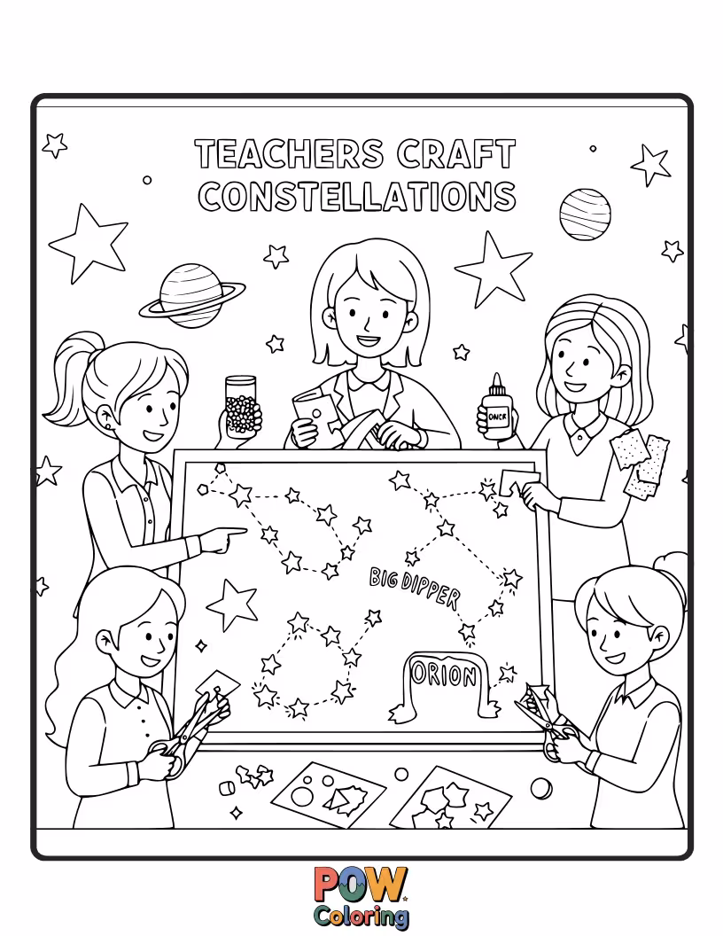 Free coloring page of A teacher drawing constellations in the night sky, where each star is a glowing idea. Mapping out brilliant thoughts and discoveries.