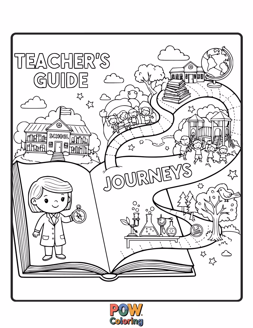 Free coloring page of A compass rose with a book as its center, surrounded by pathways and stars. Illustrates direction and exploration in education.