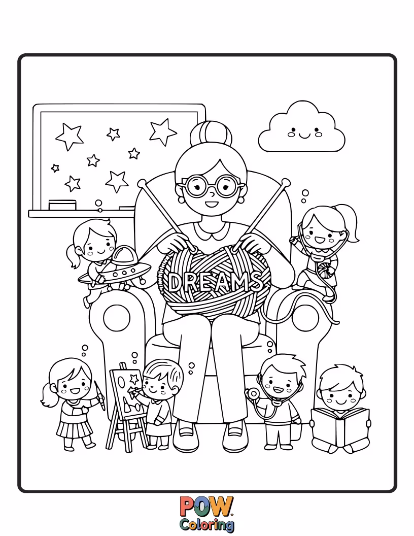 Free coloring page of A teacher knitting a long scarf made of colorful words and learning concepts. Symbolizes weaving together knowledge and aspirations.