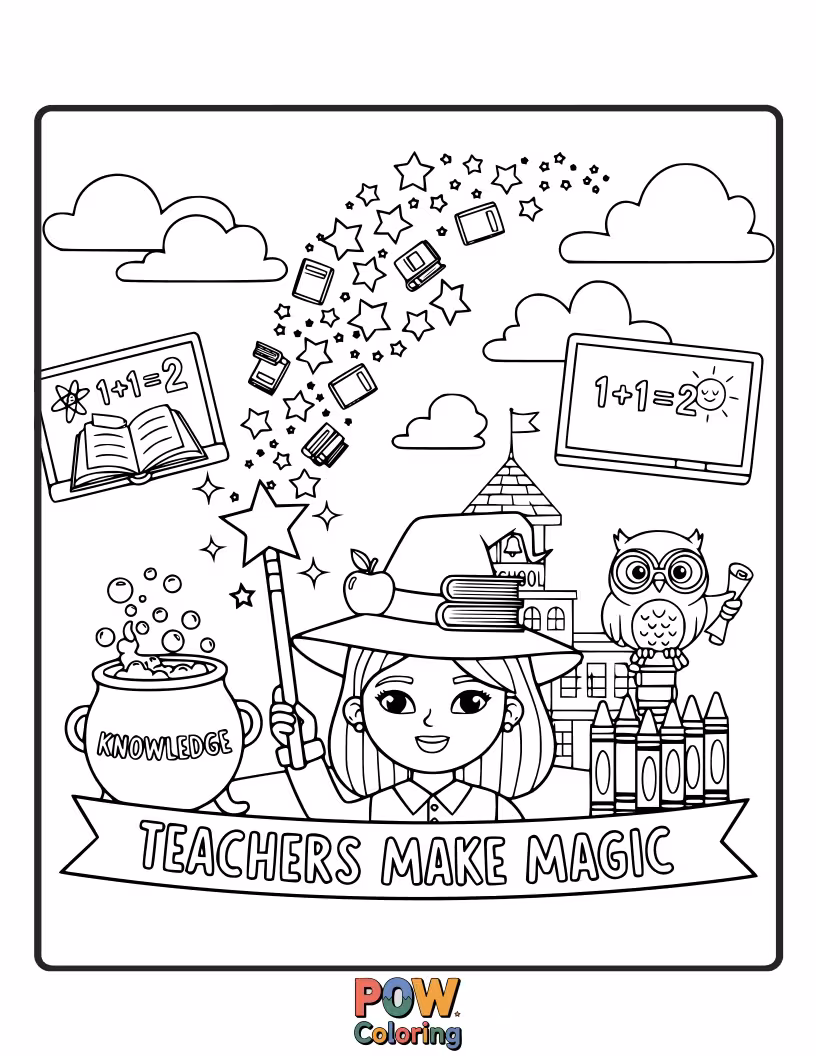 Free coloring page of A teacher as a friendly wizard casting a spell of knowledge with a wand made of a pencil. Highlights the transformative power of teaching.