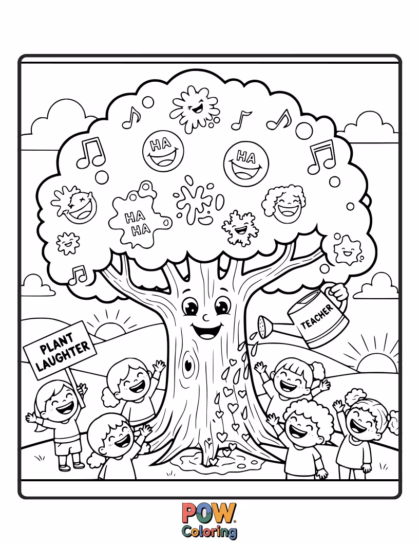 Free coloring page of A teacher sowing seeds that grow into giggling flowers and cheerful characters. Bringing humor and happiness to the classroom.
