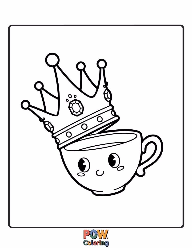 Free coloring page of An adorable crown where tiny teacups and saucers are stacked precariously, creating a charmingly chaotic design.