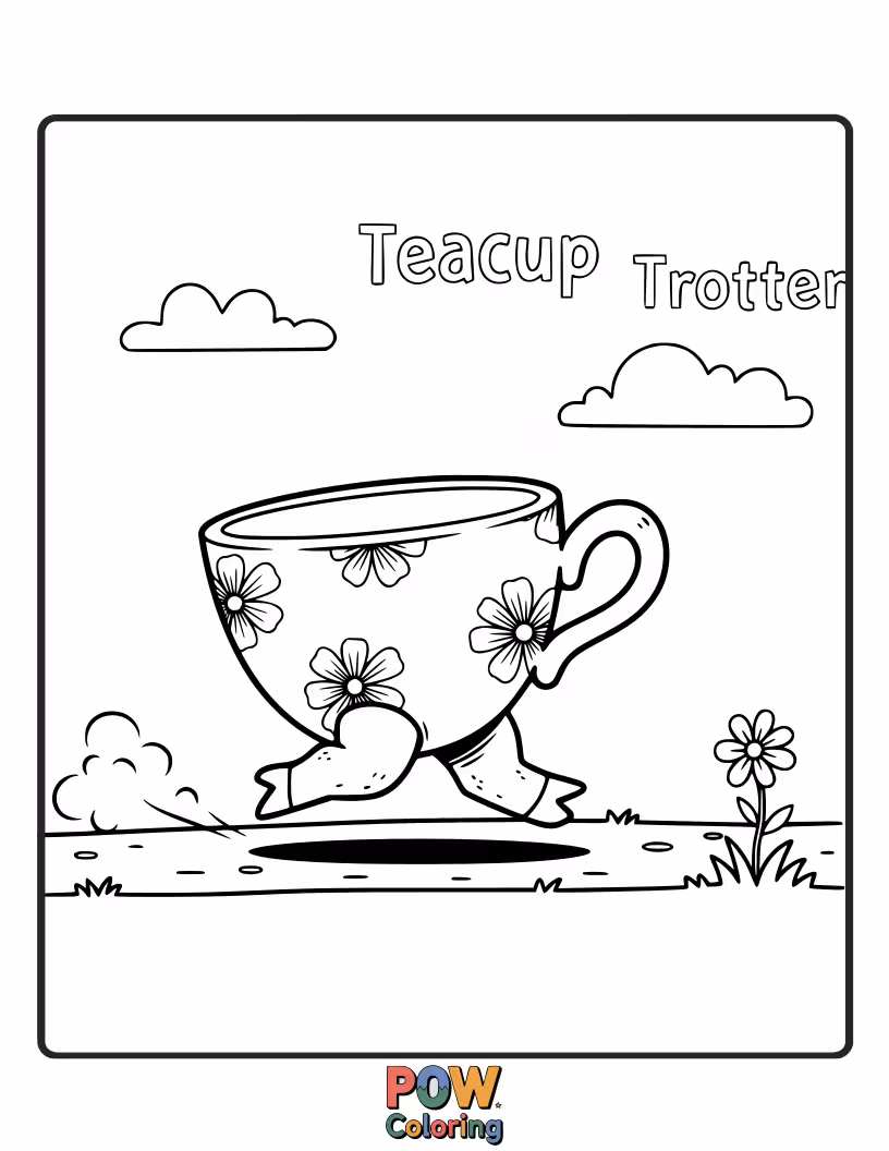 Free coloring page of A miniature horse peeking out of a giant teacup, surrounded by tiny flowers and sweet treats.