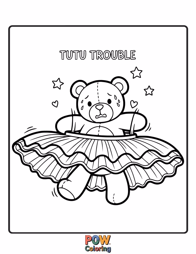 Free coloring page of A teddy bear struggles to put on a sequined tutu, its stuffing threatening to pop out with each attempt. Adorable effort!
