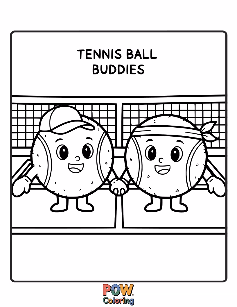 Free coloring page of Two cheerful tennis balls high-fiving after a winning rally, surrounded by happy little stars and a smiley sun.