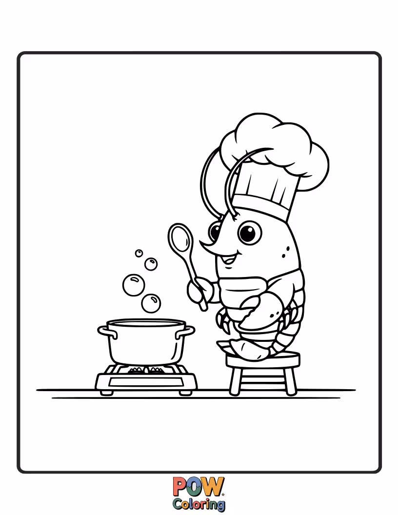 Free coloring page of This adorable little lobster wears a chef hat and apron, holding a tiny whisk, ready to cook up a storm.
