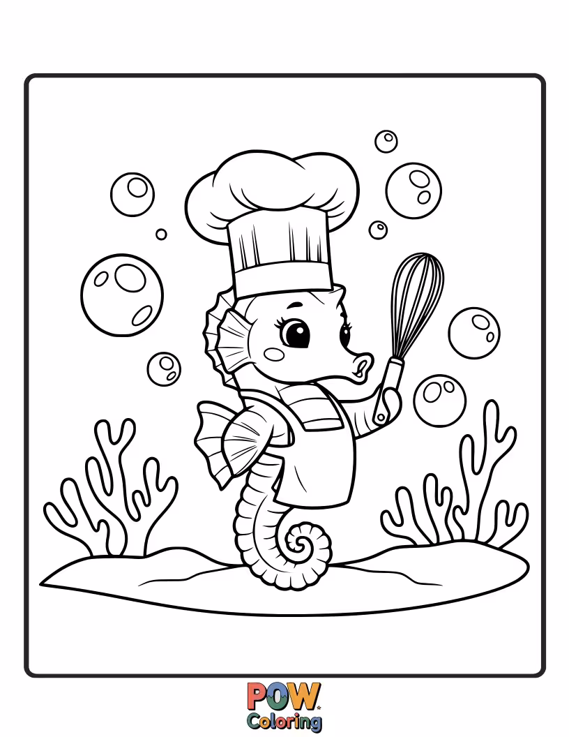 Free coloring page of A cute sea horse wearing a chef’s hat, happily stirring a pot of bubbly seaweed soup.