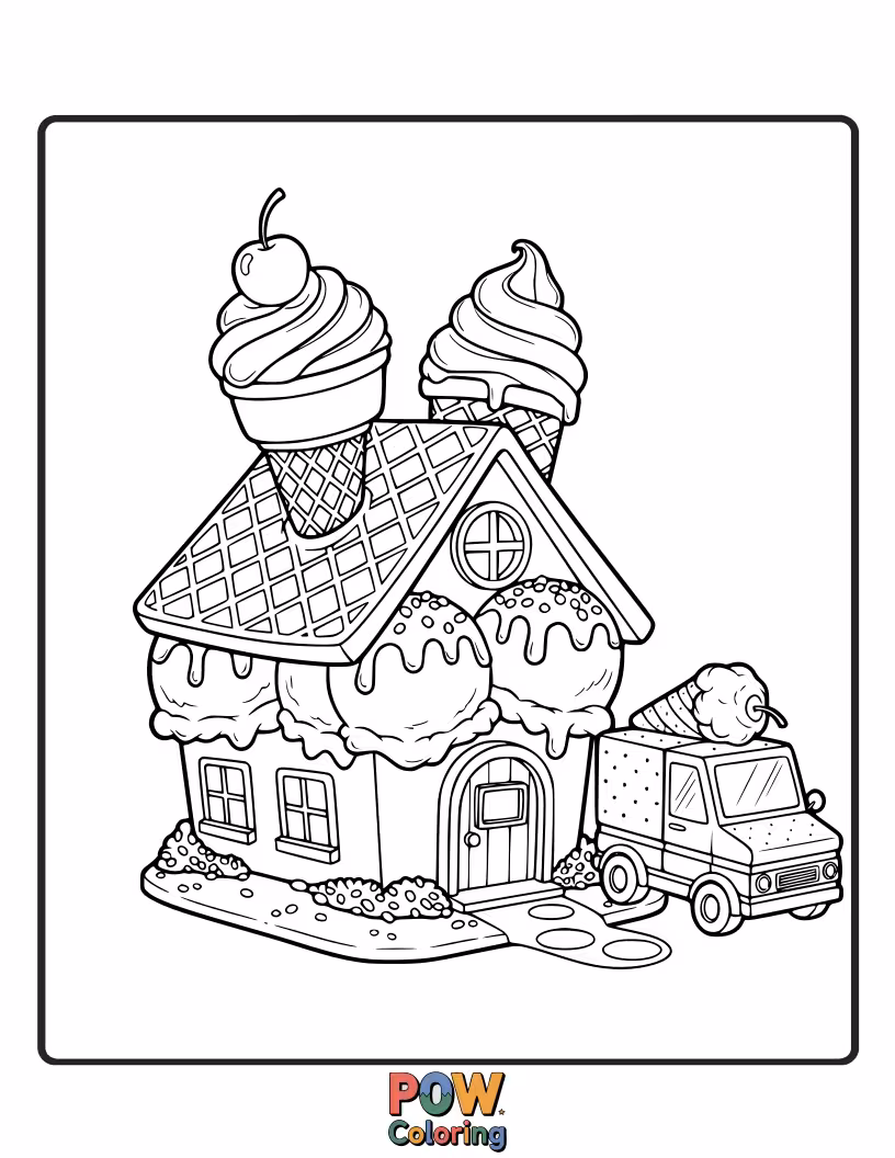 Free coloring page of A miniature house constructed from scoops of ice cream, complete with cookie windows and candy cane chimney.