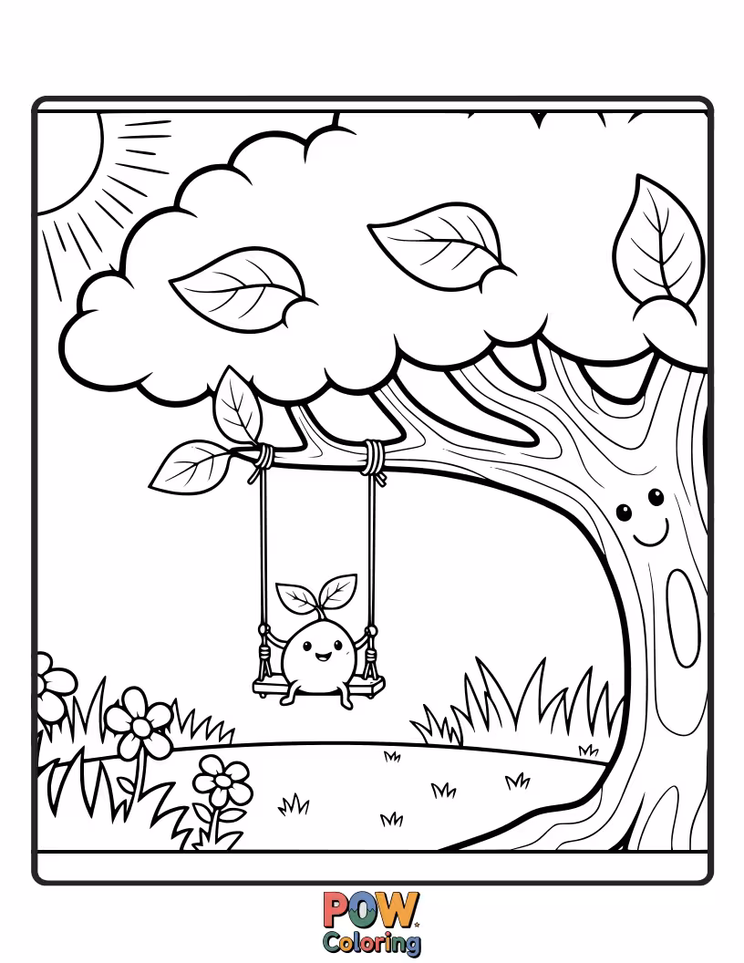 Free coloring page of A tiny, hopeful seedling swings gently in a dewdrop, suspended by a single strand of grass.