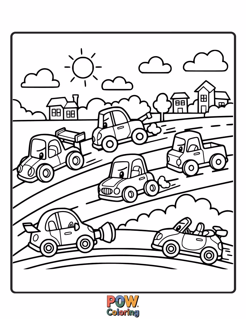 Free coloring page of Little miniature cars with big, friendly eyes, ready for a colorful adventure on a playful playmat.