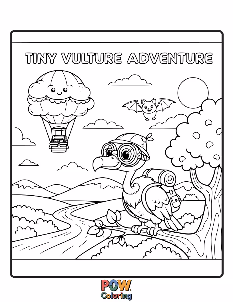 Free coloring page of A miniature vulture explorer, wearing a tiny backpack, embarking on a grand journey through a whimsical forest.