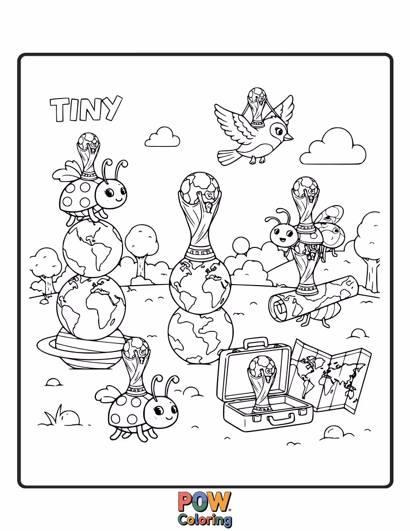 Free coloring page of Cups as houses and buildings in a miniature village, with tiny characters going about their day.