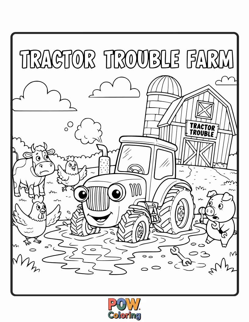 Free coloring page of A slightly bewildered cow trying to drive a very large, friendly tractor.
